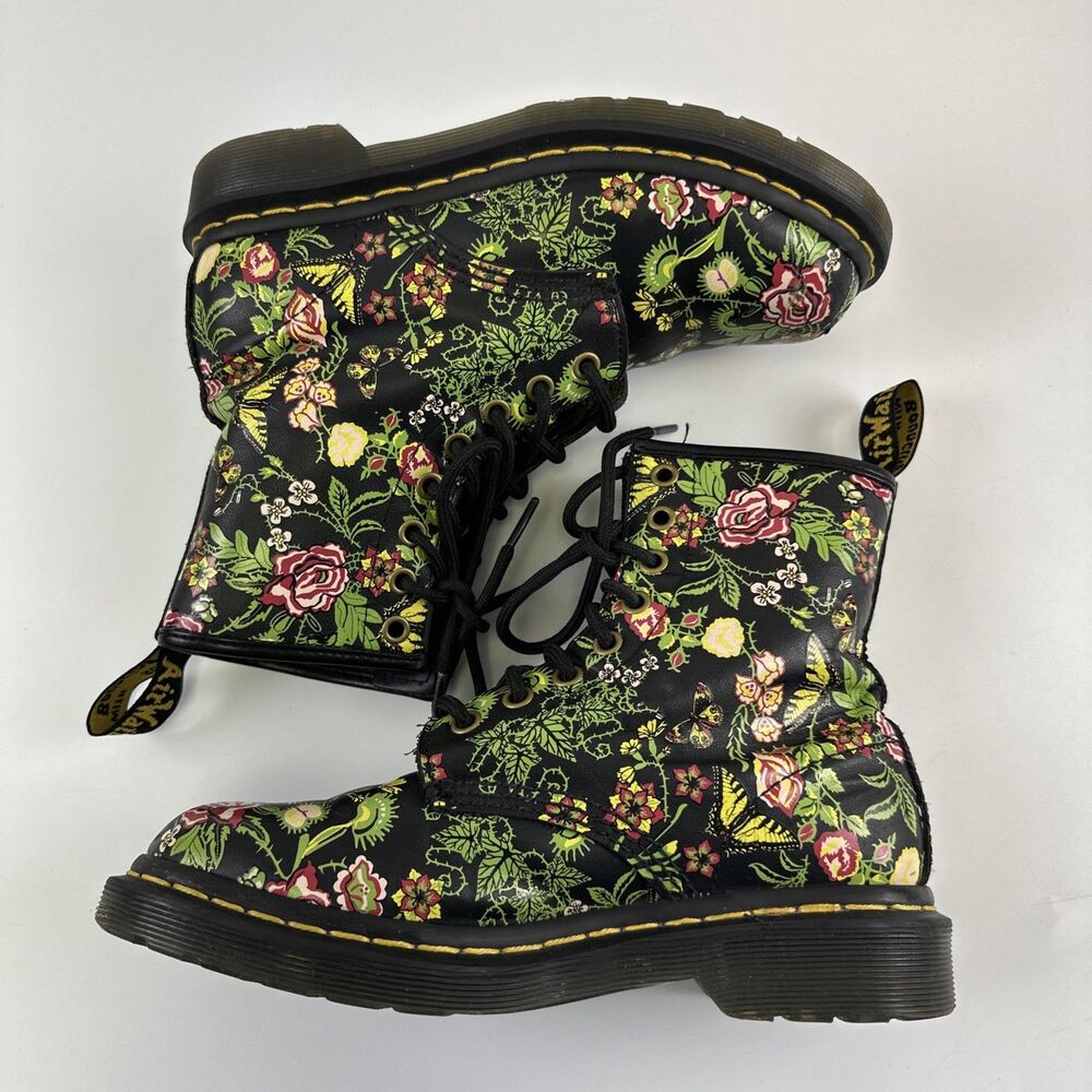 Dr Martens Floral Bloom Leather Combat Boot Lace Up Ankle Black Pink Womens 6 - Picture 8 of 13